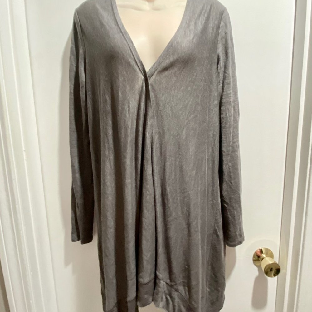(3) Tahari Grey Lagenlook Boho Fine Linen Knit Open Front Cardigan M